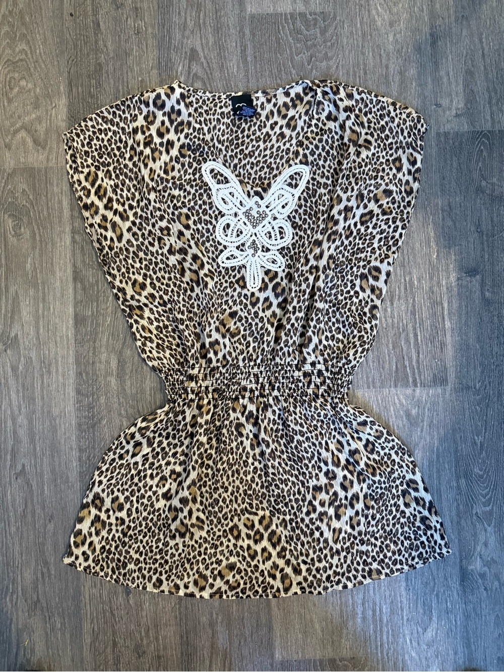 Leopard Print Smocked Swim Cover Up with Lace Accent